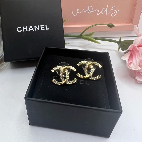 CHANEL Jewelry - Chanel Gold CC Crystal Stud Earrings - AUTH